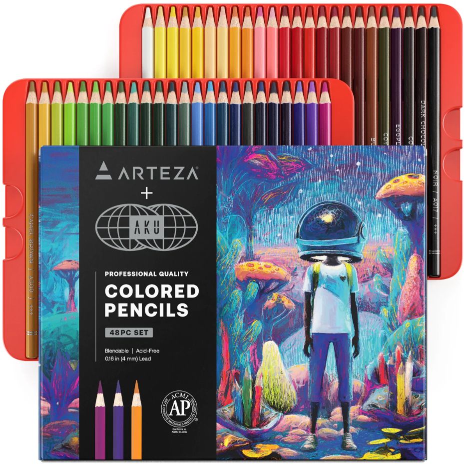 A tin of Arteza coloured pencils with Aku artwork printed on the lid — a product collaboration