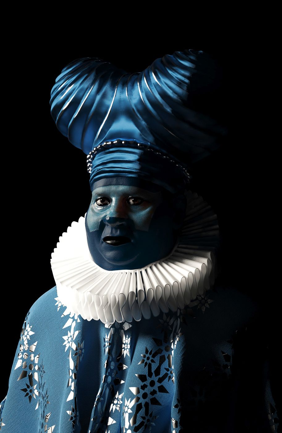 A 3D portrait of a woman in a white ruff collar and blue turban, on black