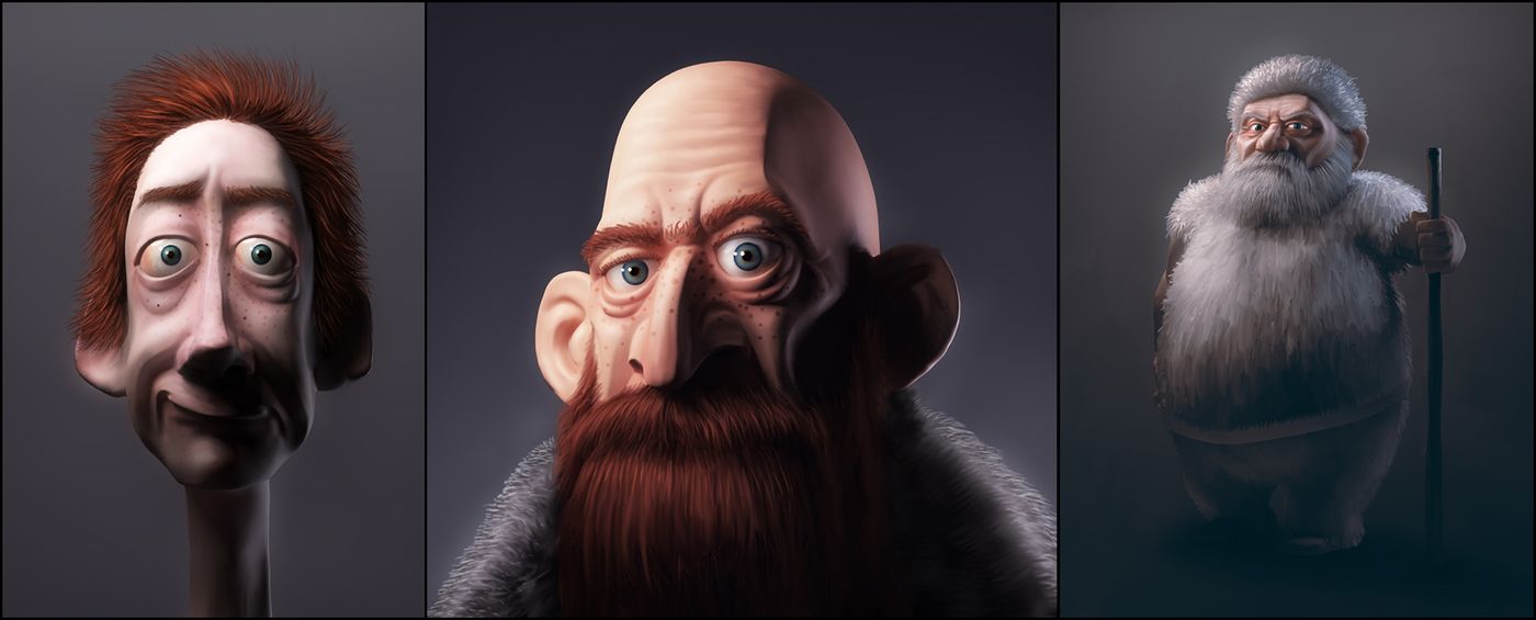 Three 3D character head studies — a thin red-haired man, a bald man with a beard, and a white-bearded elder