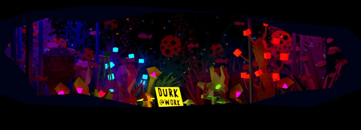 A dark neon panorama of glowing plants and a Durk sign — a VR world at night