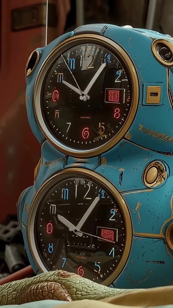 A stack of old teal alarm clocks with worn paint — a short film, with sound