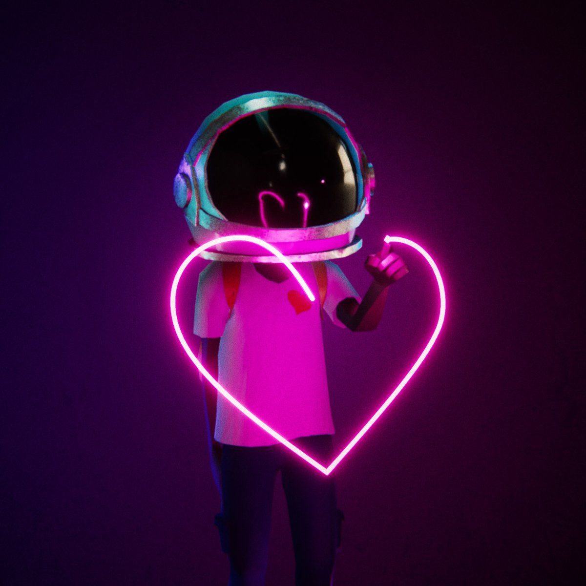 Aku holding a glowing pink neon heart against a black background — a Valentine's illustration