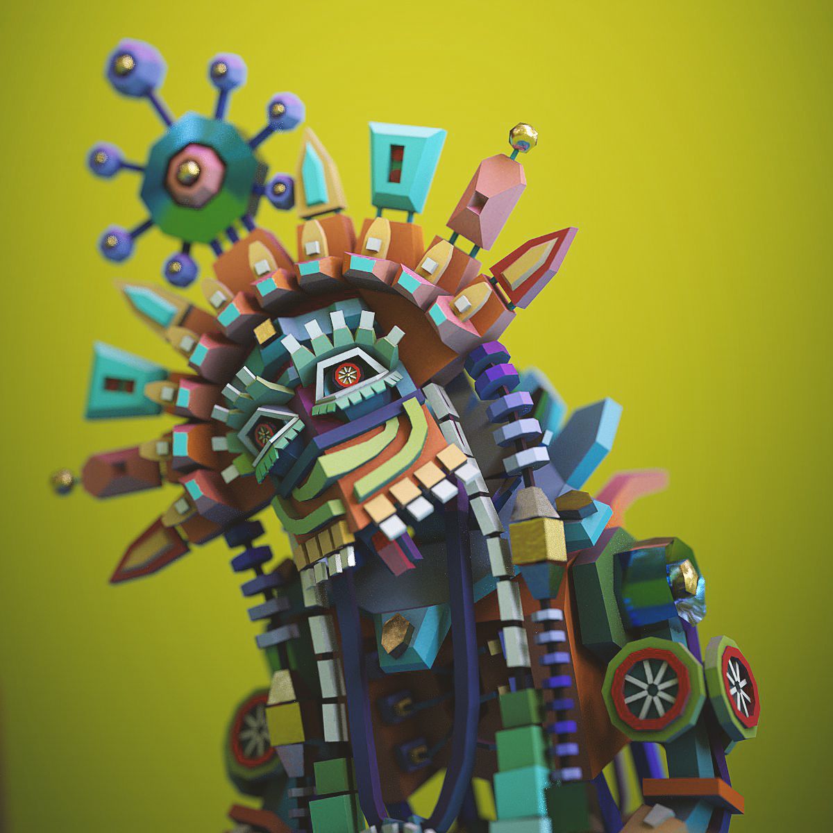 A colourful patchwork robot character with a large ornate head, on a yellow background