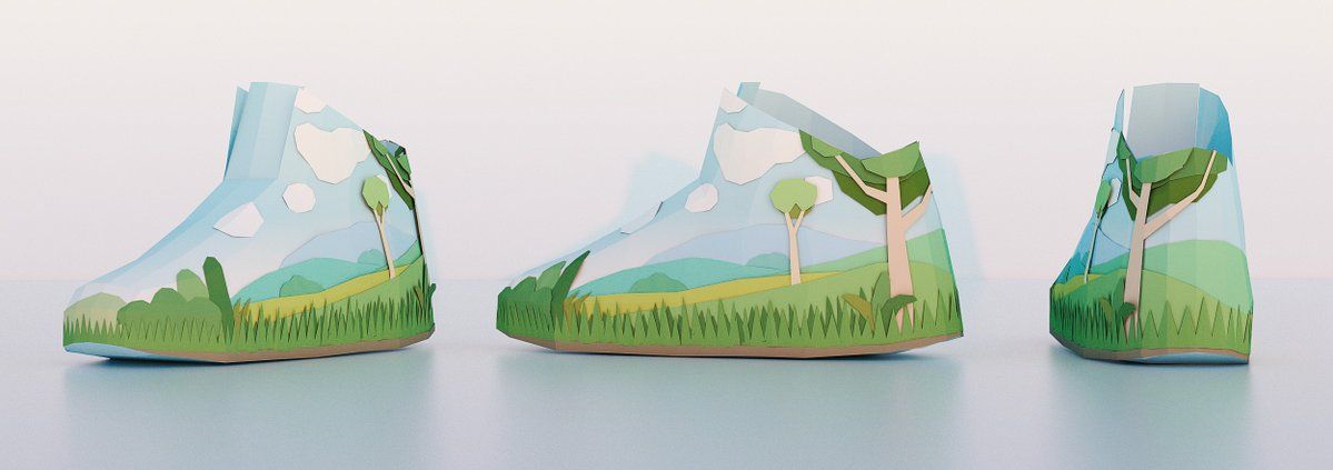 Three sneakers painted with a green landscape of hills and trees, on a white background