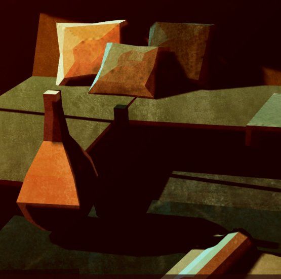 Still life of orange cushions and a bottle on a table in warm light — Sonder