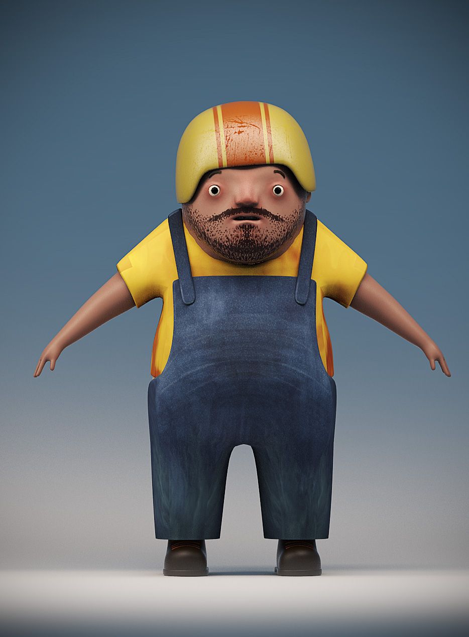 A stocky cartoon character in a yellow helmet and blue overalls standing in a T-pose