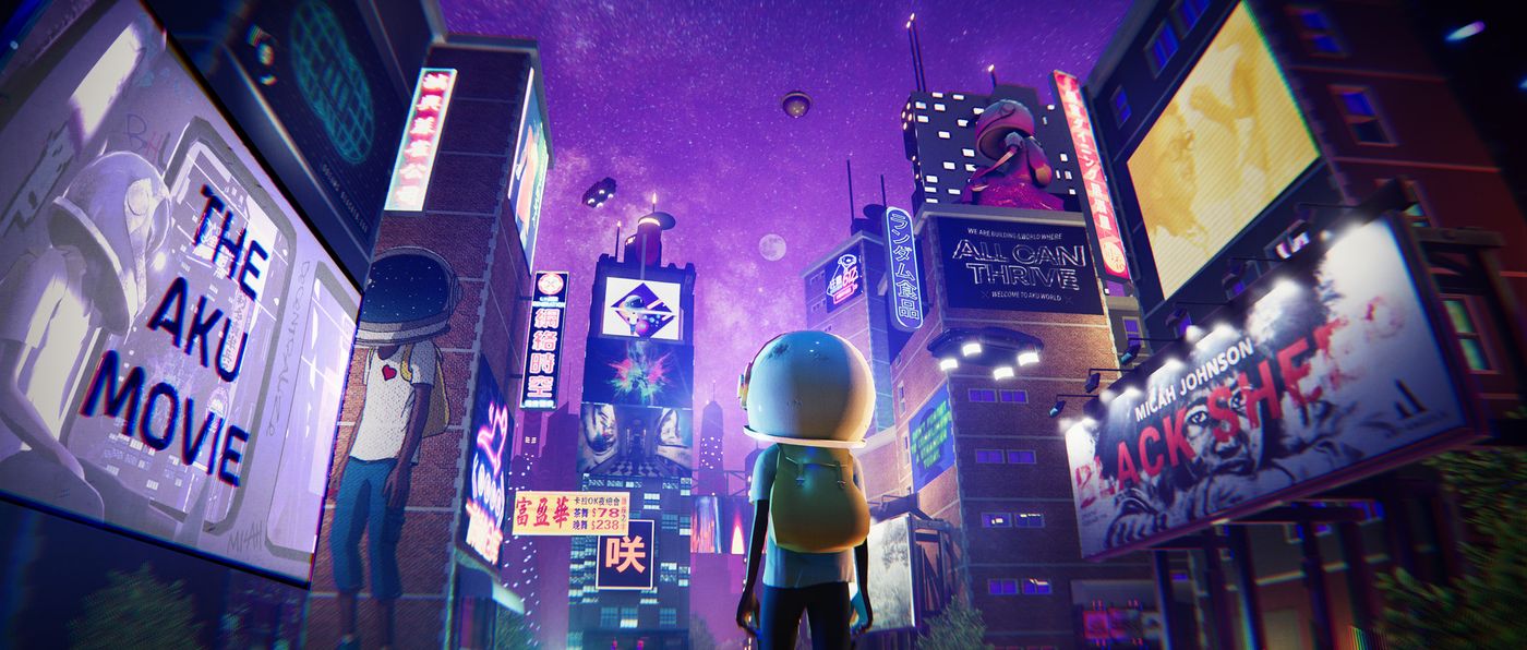 Aku standing in a neon-lit Tokyo street at night, a billboard reading THE AKU MOVIE above him
