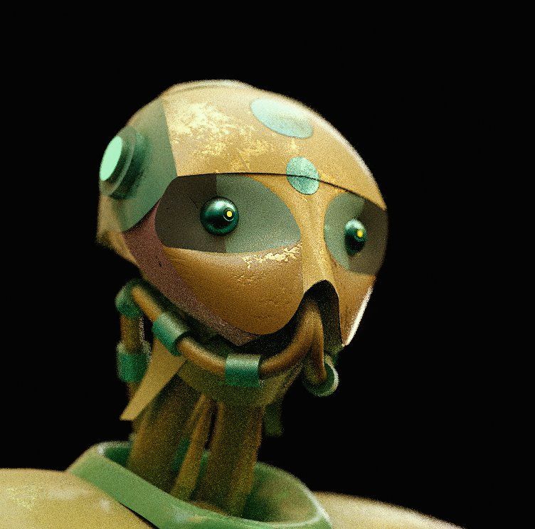 A rusty gold robot head with green lenses and a moustache, on black