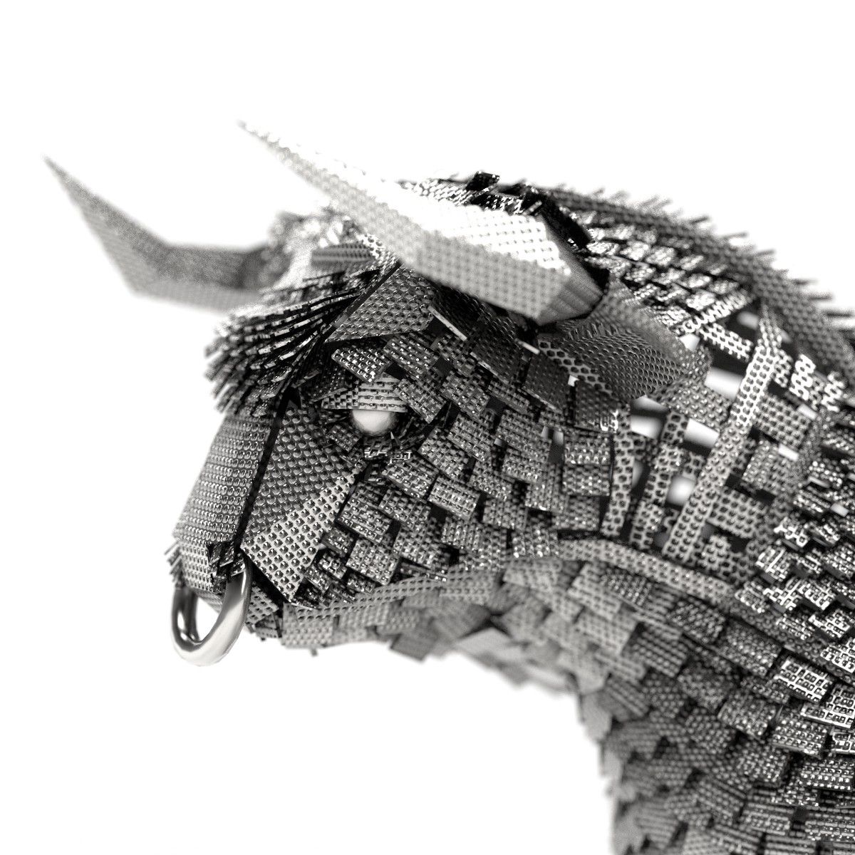 A bull's head built from thousands of small metal studs, in black and white