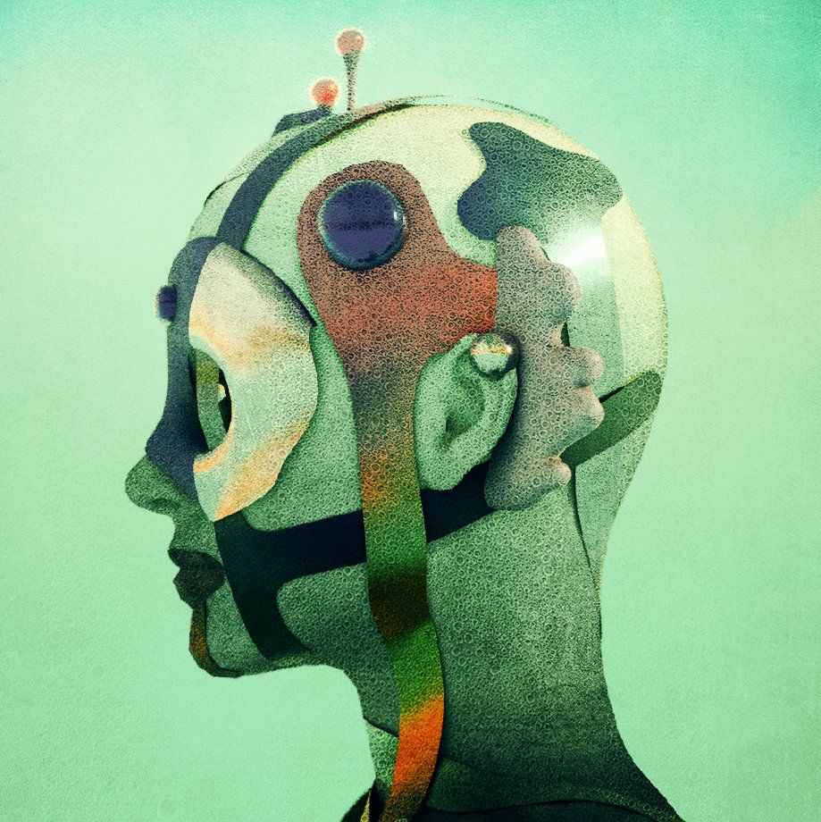 A painted profile of a bald head made of overlapping coloured shapes, on teal