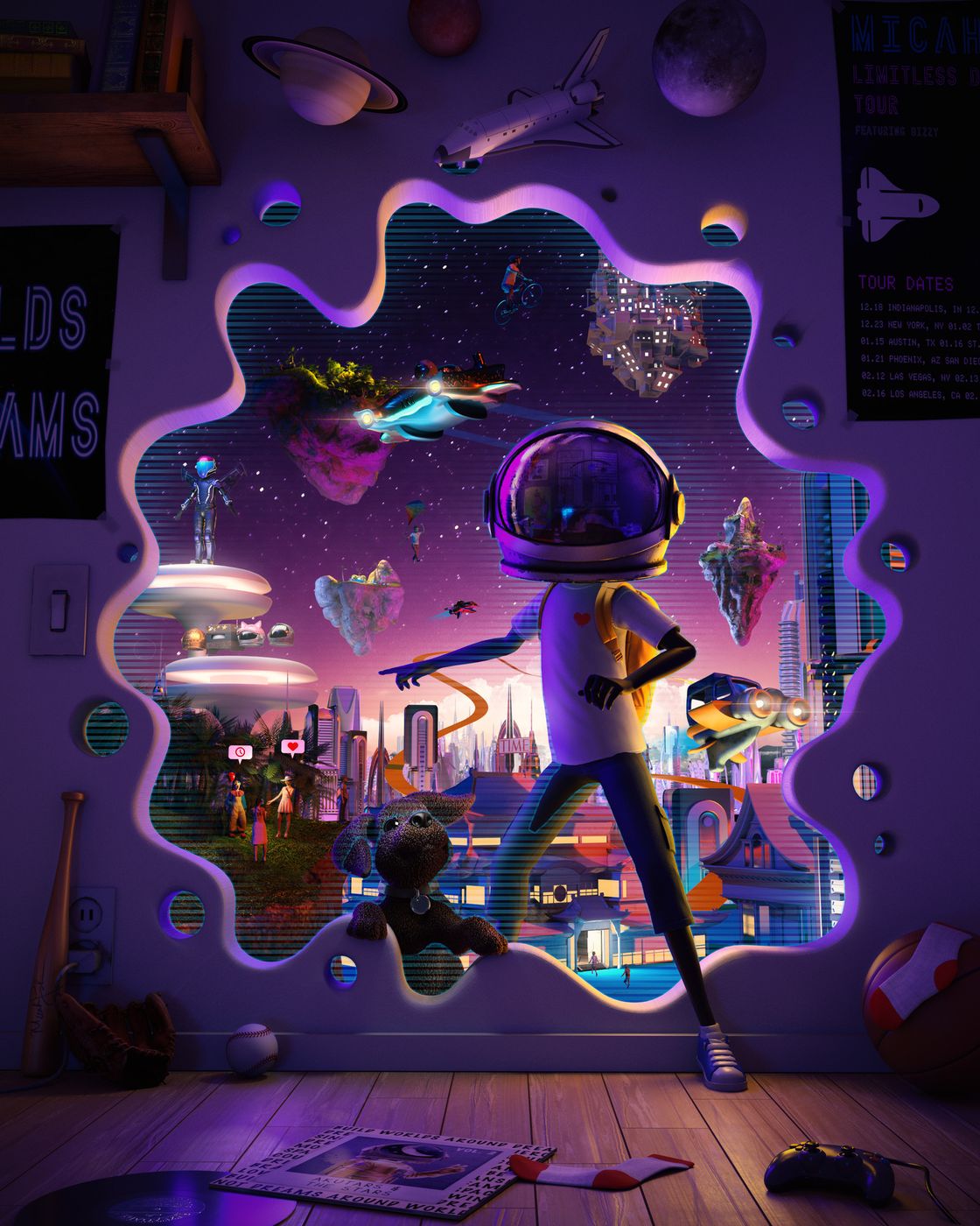 Aku in his bedroom facing a wavy portal that opens onto a neon city of floating islands and spaceships — the illustration behind the TIME cover