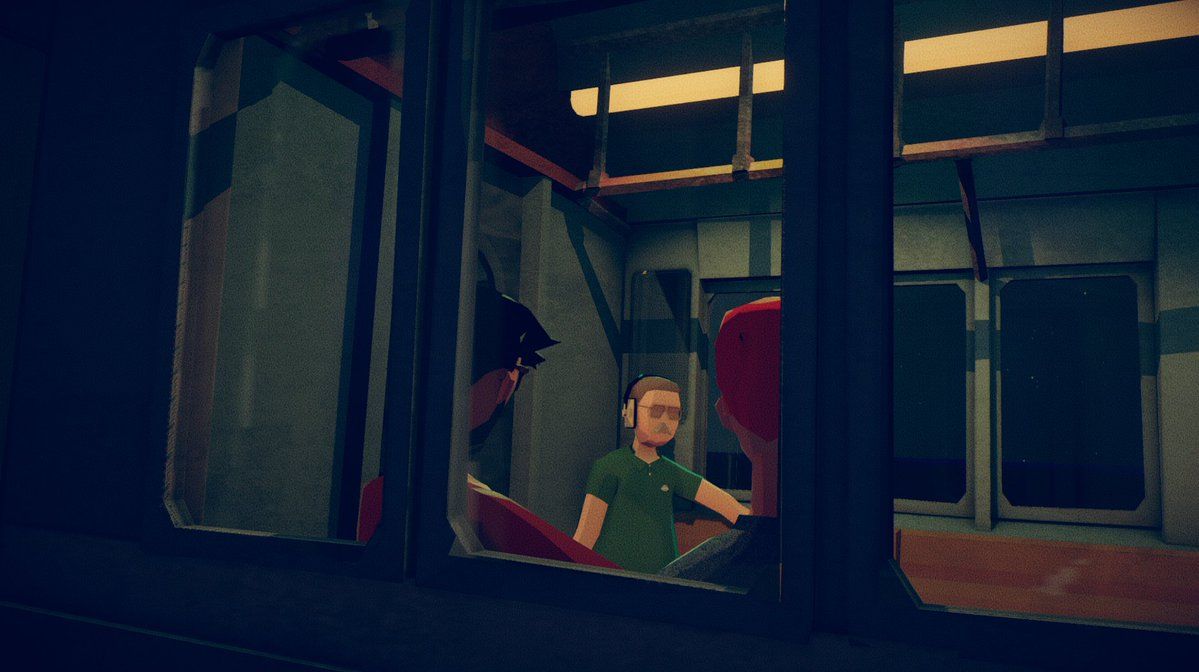 A man in a green shirt sitting in a subway carriage at night, seen through the window — Sonder