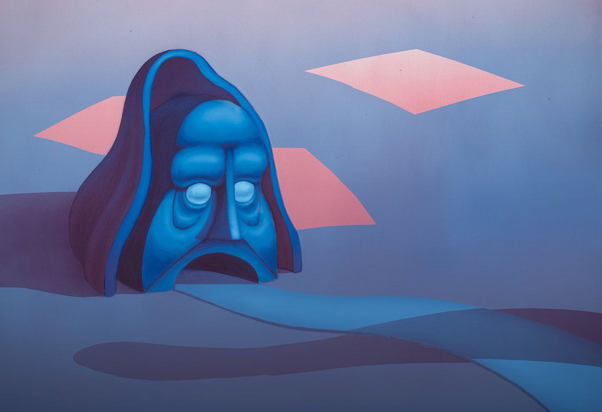 A blue hooded face emerging from a pale desert landscape with floating pink shapes