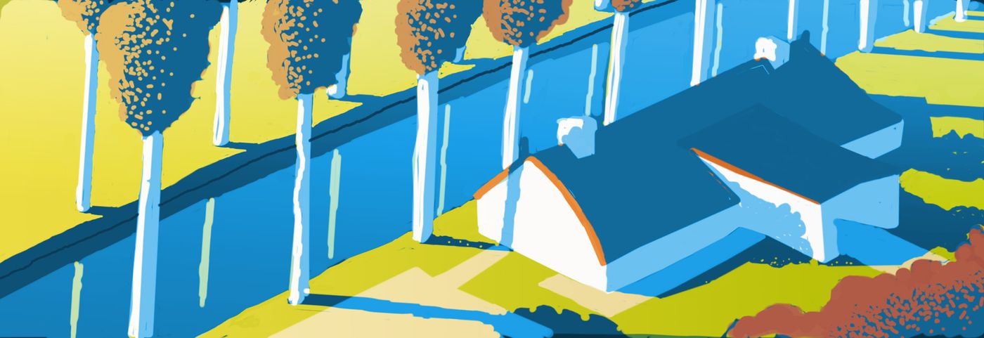 A stylised landscape of a swimmer's pool and lawn edged by tall trees, in bright flat colours