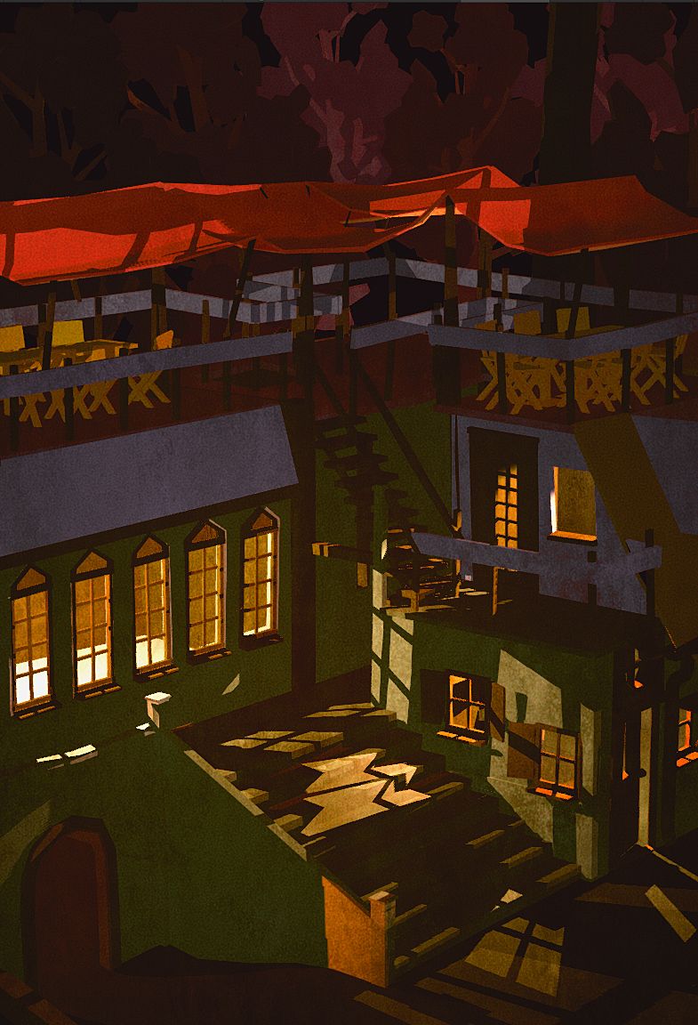 A dark night village of red-roofed houses with lit windows, seen from above