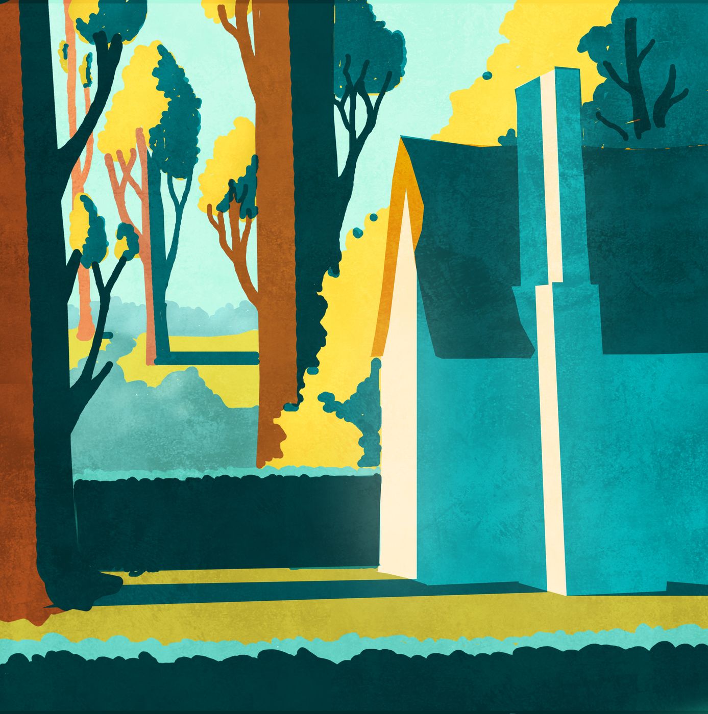 A flat painted street scene — tall trees and a house in teal, yellow and orange