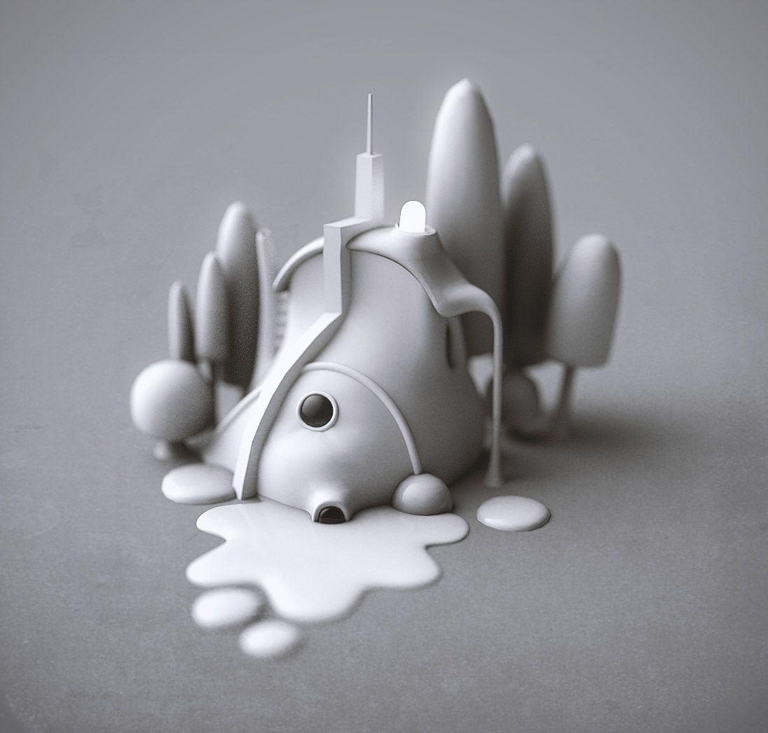 A white clay-like sculpture of a small submarine-shaped creature with round eyes, surrounded by rounded trees