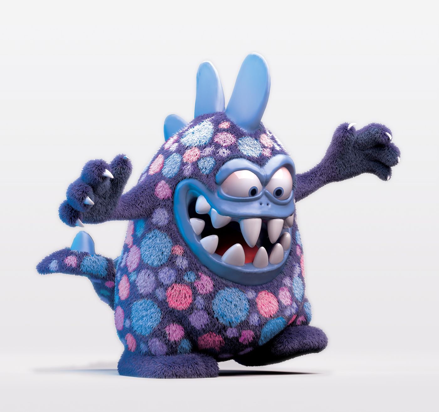 A furry blue monster character covered in pink and blue flower patterns, grinning with big teeth