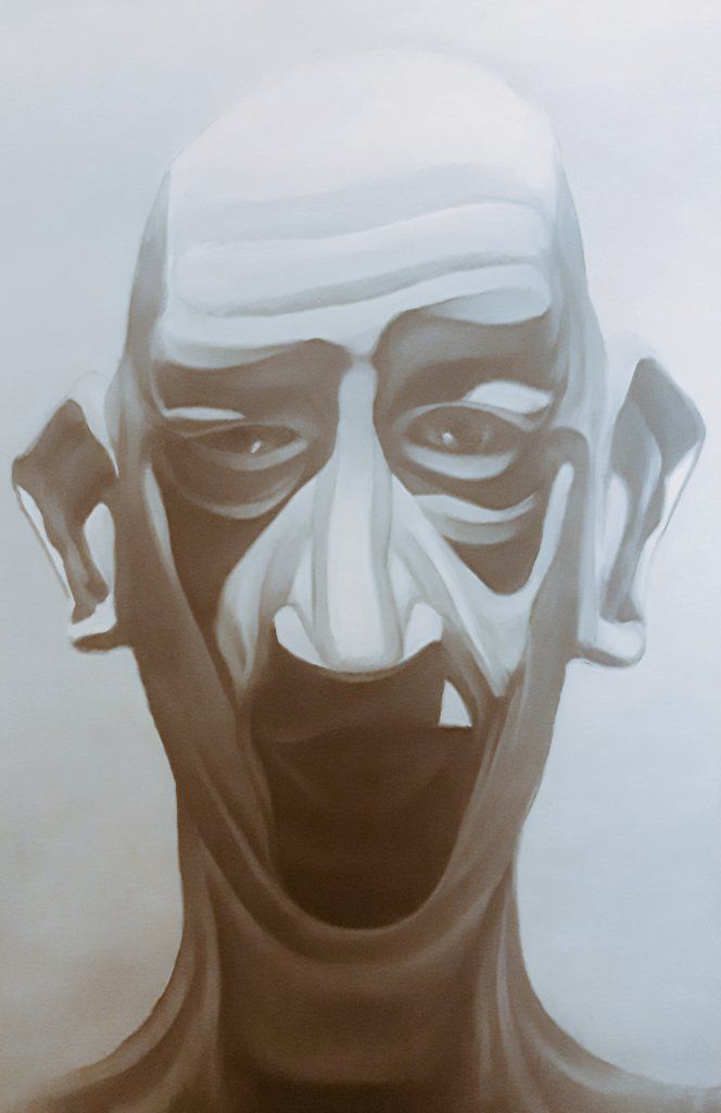 A grey sculpted study of an old man's face with a heavy brow and sunken cheeks