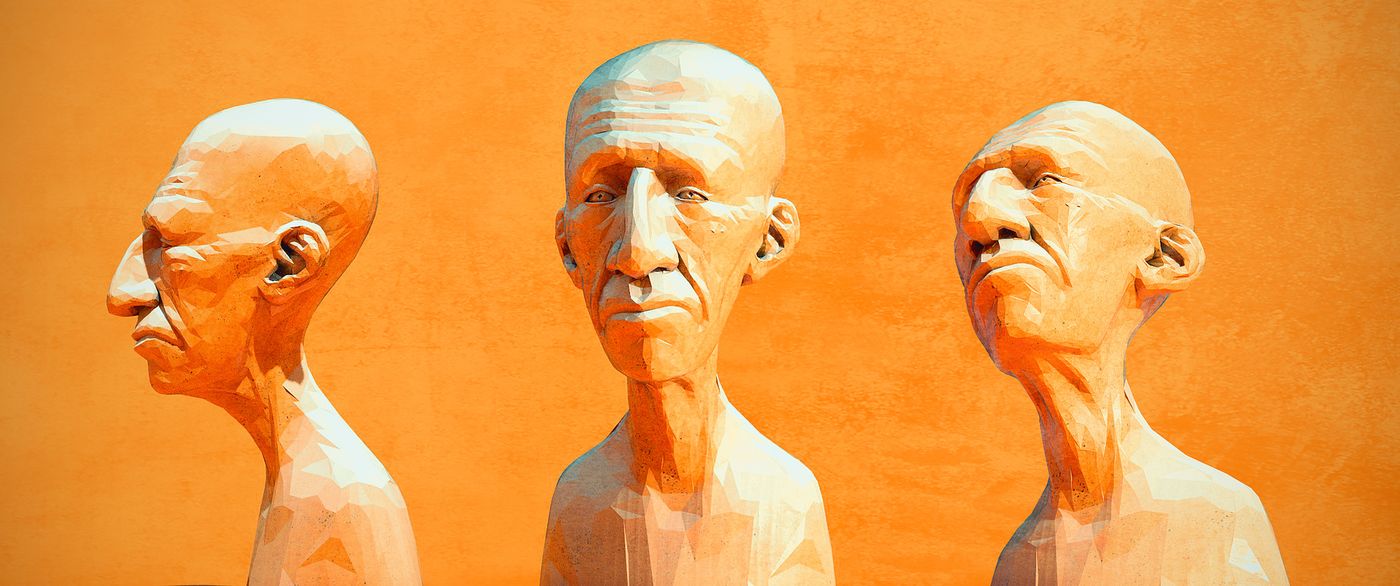 Three sculpted busts of old men's heads in profile on an orange background