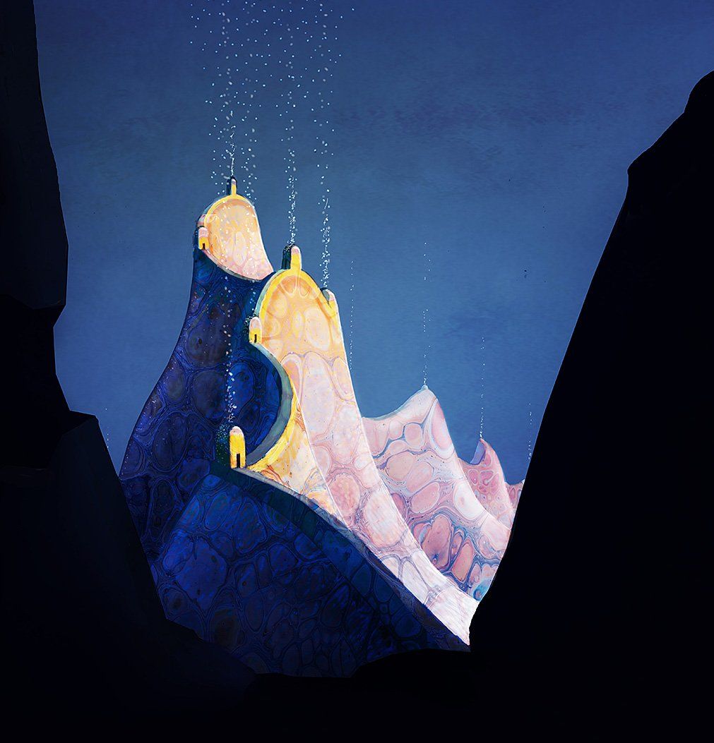 A figure standing in a glowing doorway on a dark blue cliff face above a pink mountain landscape