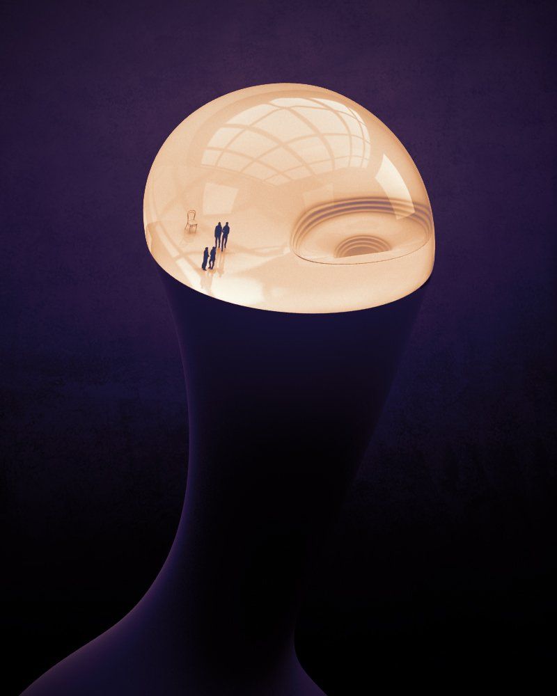 A figure in a dark cloak with a glowing glass dome for a head, a tiny person standing inside it