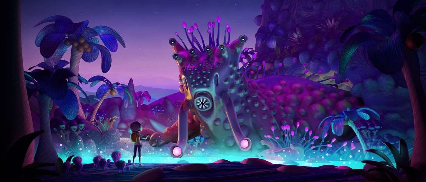 Aku in a glowing purple alien valley beside a huge tentacled creature — wide illustration