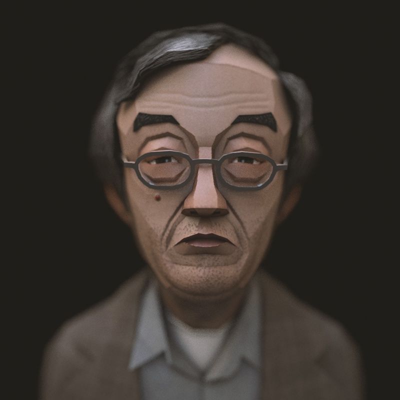 A 3D bust of an old man with glasses and a grey suit jacket