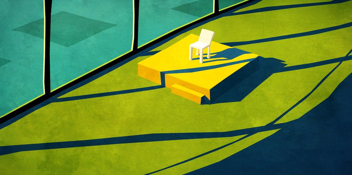 A single white chair on a striped green lawn with a yellow bench, in flat style with hard shadows