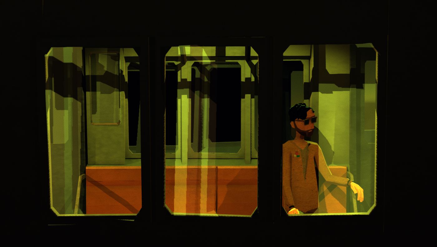 A man with a beard and sunglasses standing in a subway carriage, seen through the windows in warm green and orange light — from the VR game Sonder