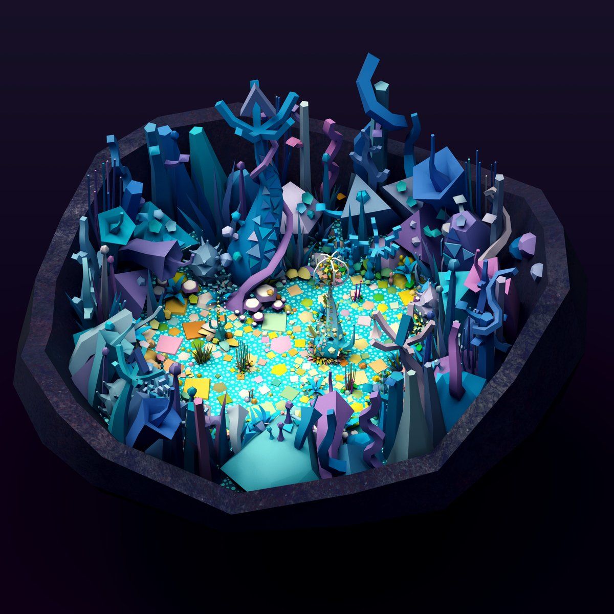 A round low-poly diorama of a glowing blue-and-teal forest scene, viewed from above