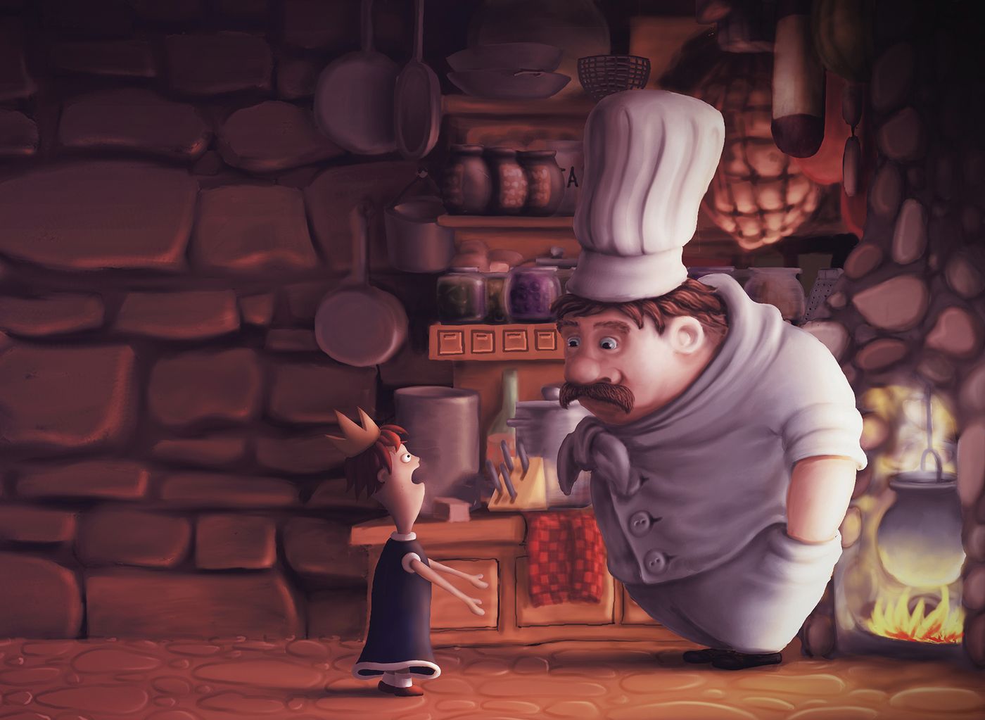 A cartoon chef in a stone kitchen bending down to talk to a small boy