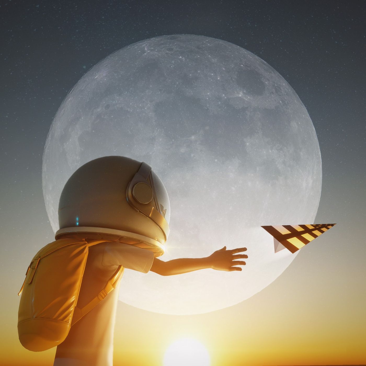 Aku reaching towards a paper airplane against a huge full moon at sunset