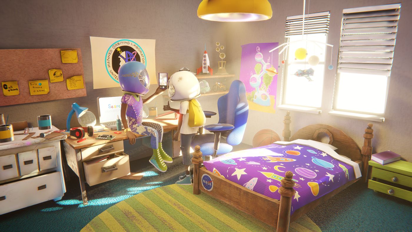 Aku's bedroom in bright cartoon style — bed, desk, posters and a laptop on the floor