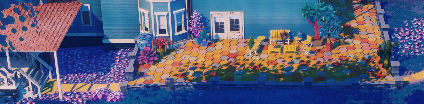 A row of Dutch colonial houses with a blue gable beside a field of yellow flowers, seen from above — from Suku