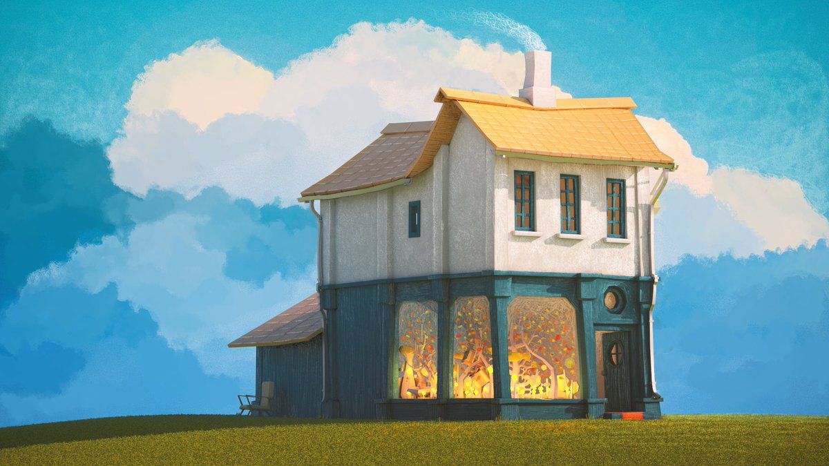 A painted wooden house with an orange roof and glowing windows on a green hill under a blue sky with big clouds