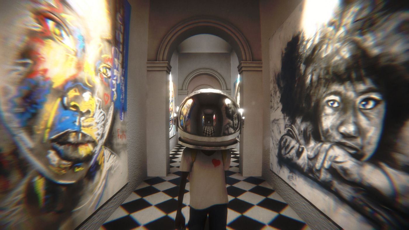 Aku standing in a chequered-floor gallery hallway between two large painted portraits