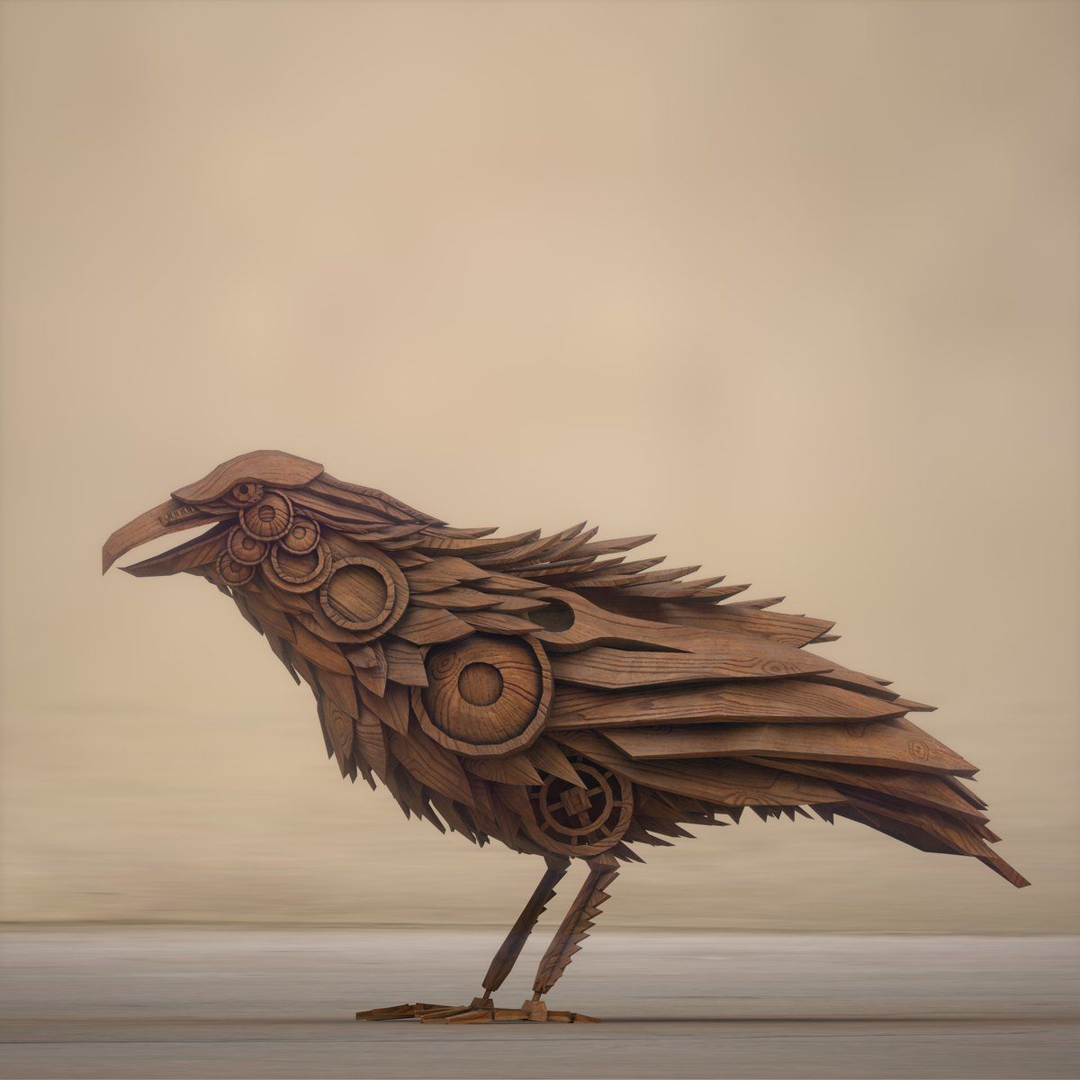 A mechanical raven built from wood, brass and gears, standing against a plain background