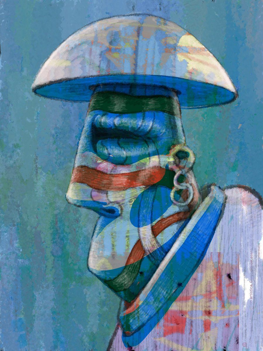 A stylised painted portrait of a man in a wide-brimmed hat with a tattooed face, in blues and creams
