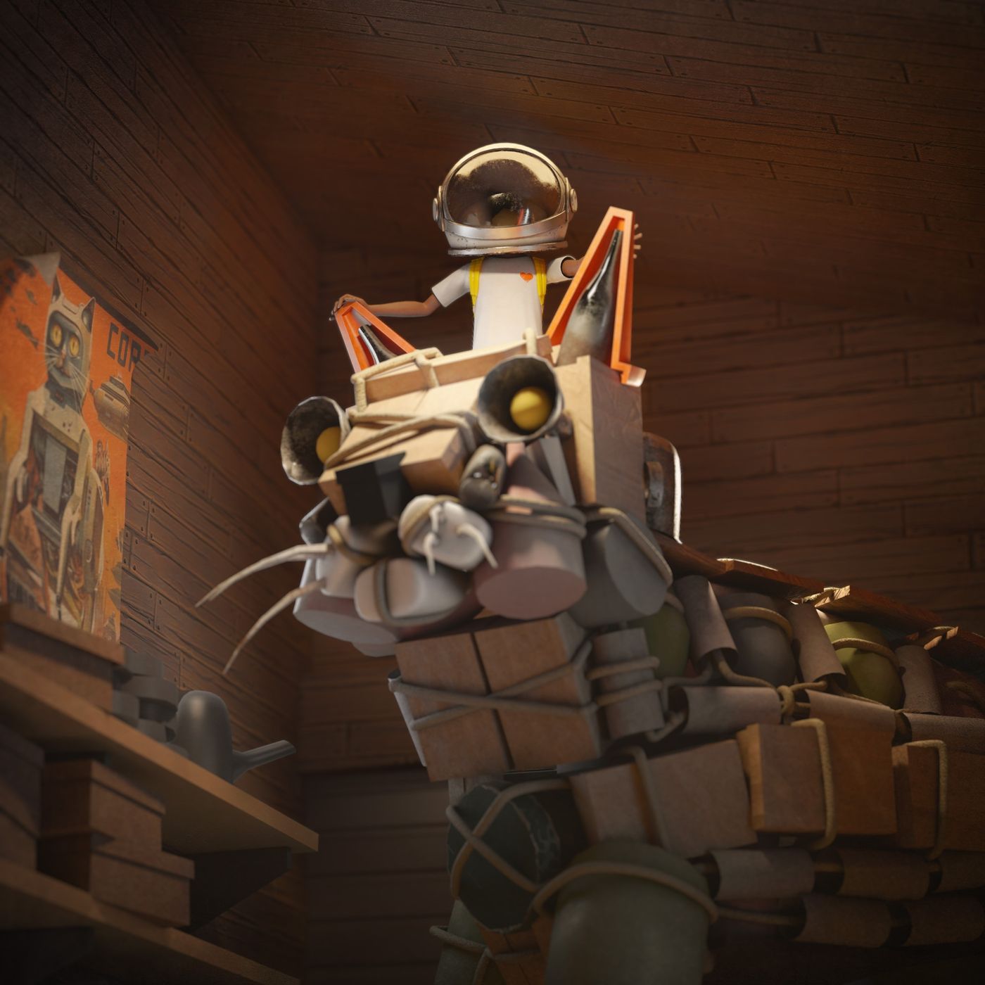 Aku building a cardboard cat sculpture in a wooden attic with a rope ladder