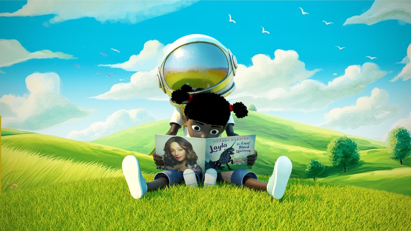 Aku sitting in a sunny green meadow reading a book, blue sky and birds above