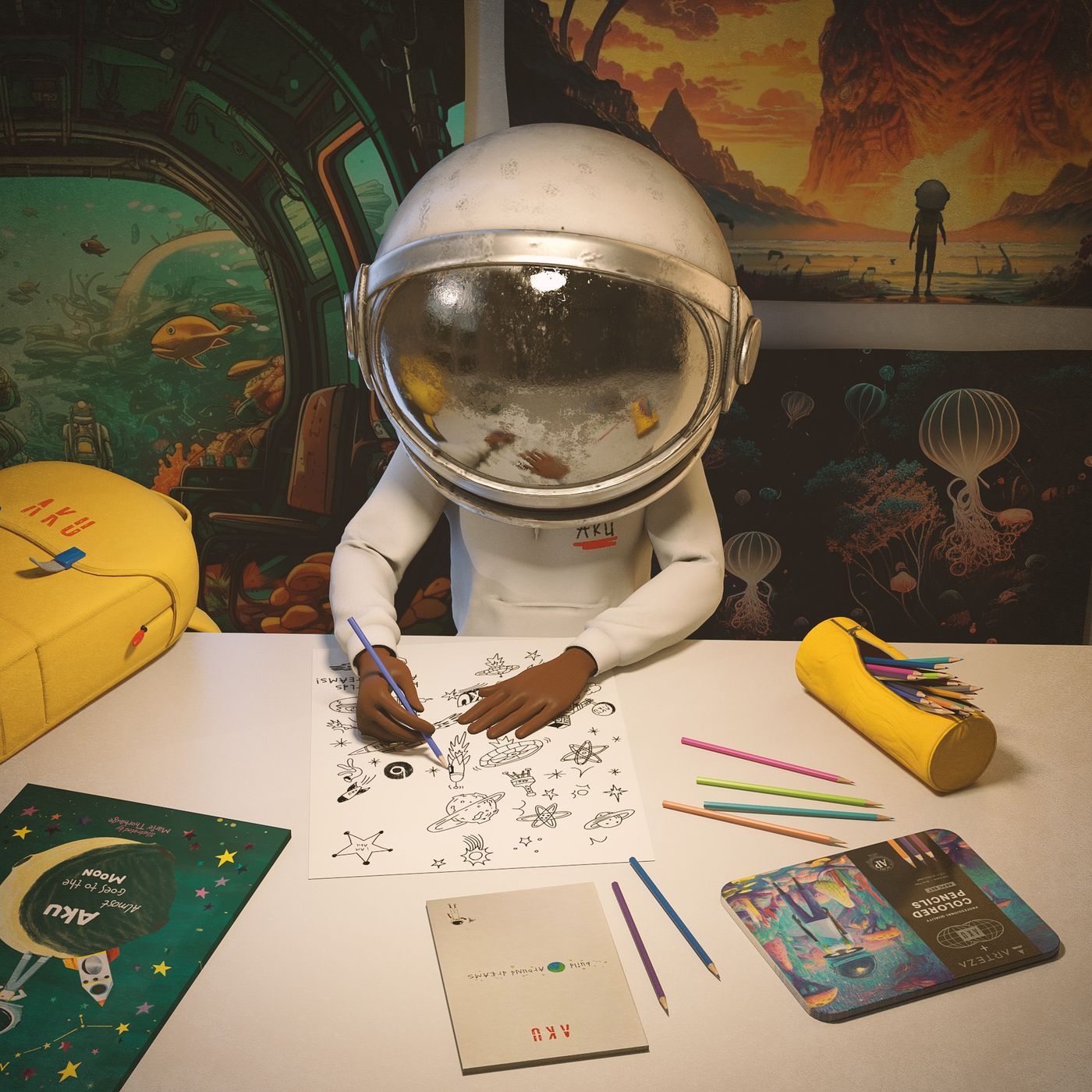Aku drawing at a desk with coloured pencils, a poster of a space scene on the wall behind him