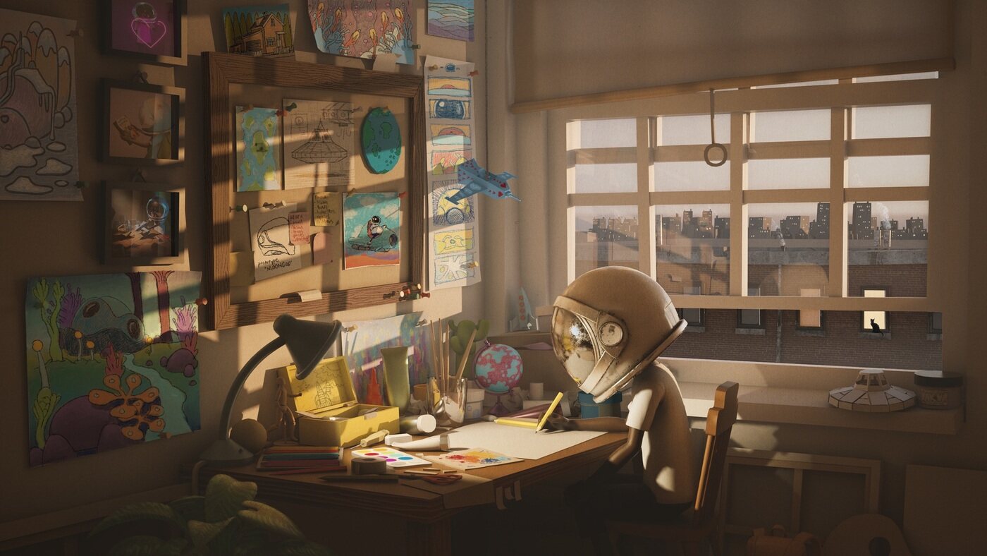 Aku at his drawing desk, surrounded by sketches