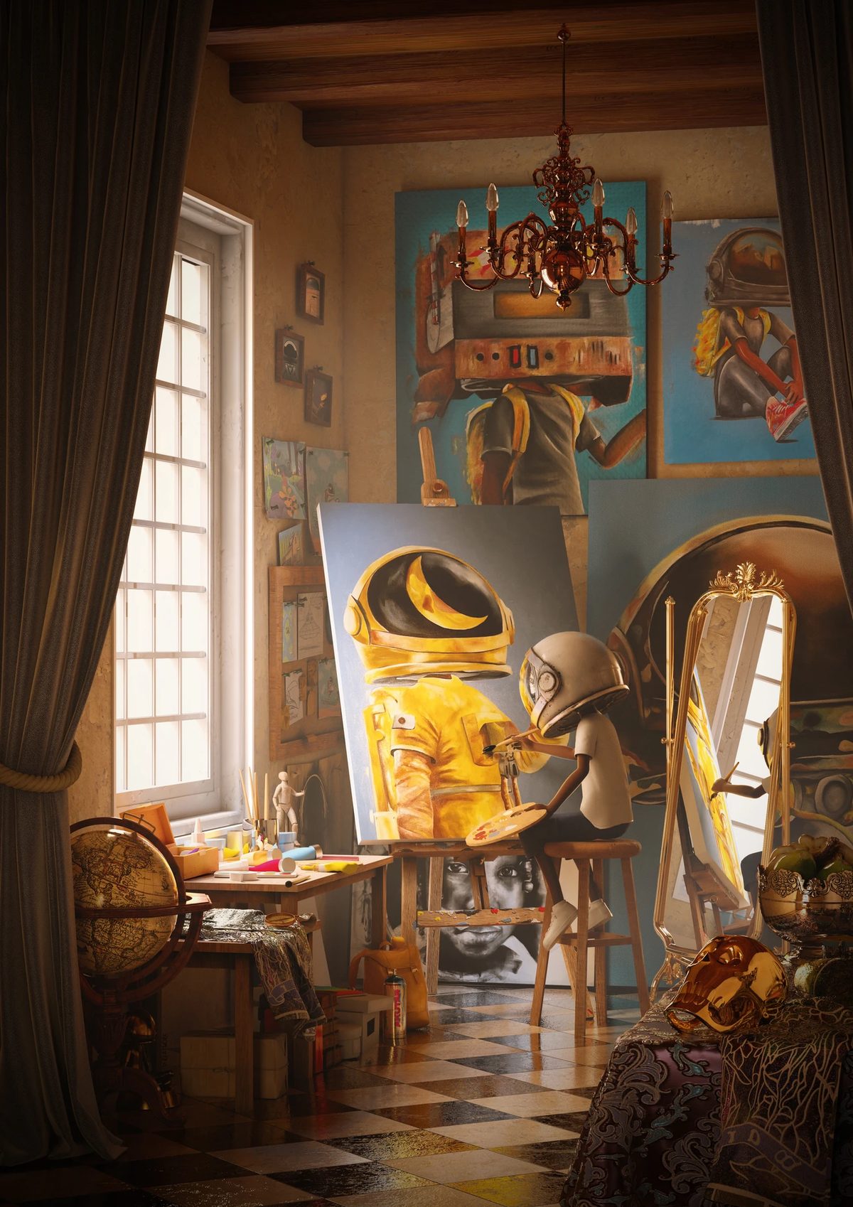 Aku at an easel in a sunlit studio, painting a portrait of a yellow-suited astronaut, surrounded by his own canvases