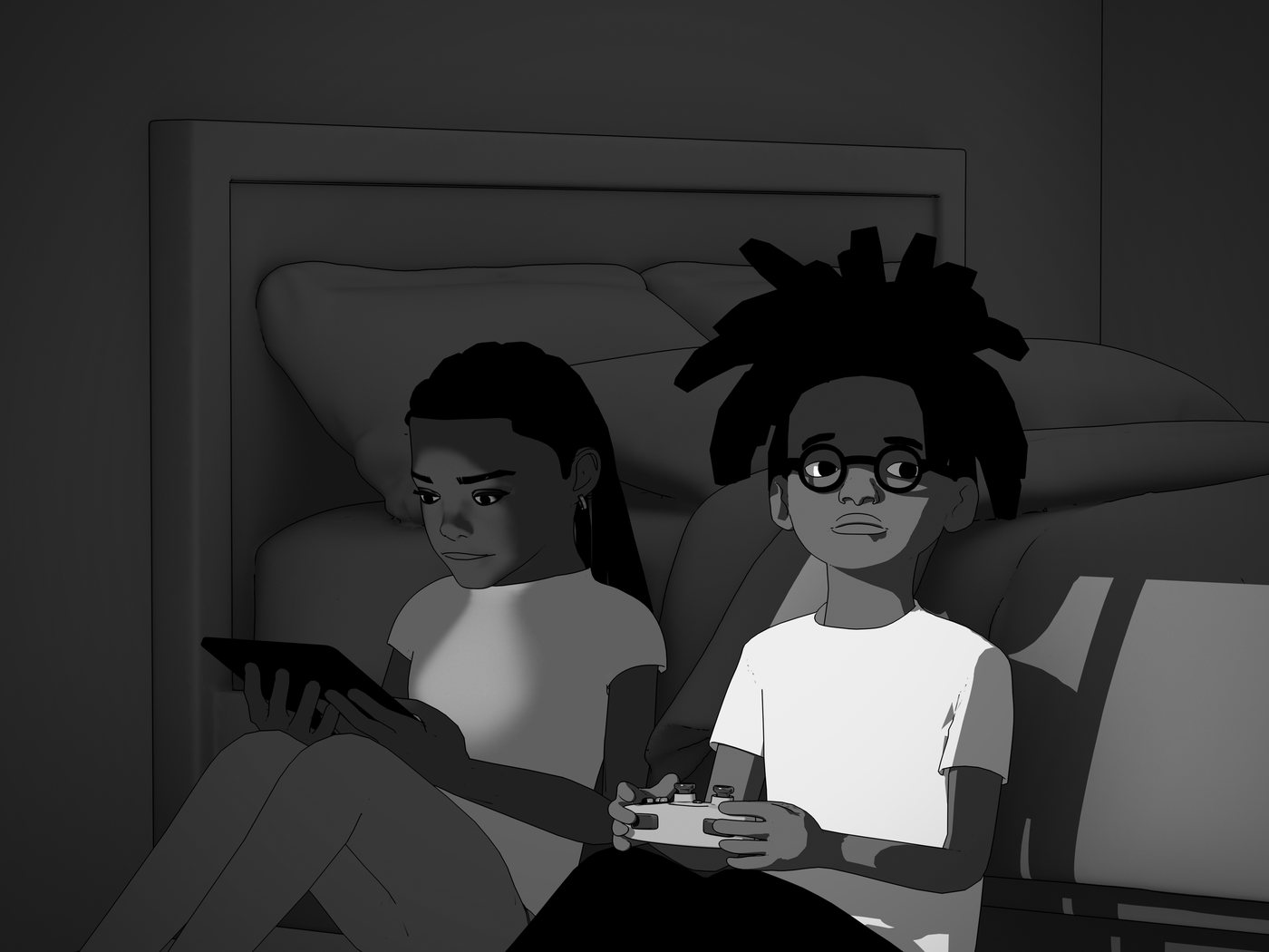 Interior illustration — Benji and Trae sitting up in bed at night, one with a tablet, one with a game controller
