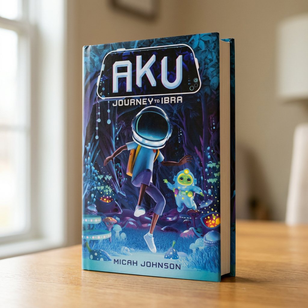 The hardcover of Aku: Journey to Ibra standing on a wooden table in window light