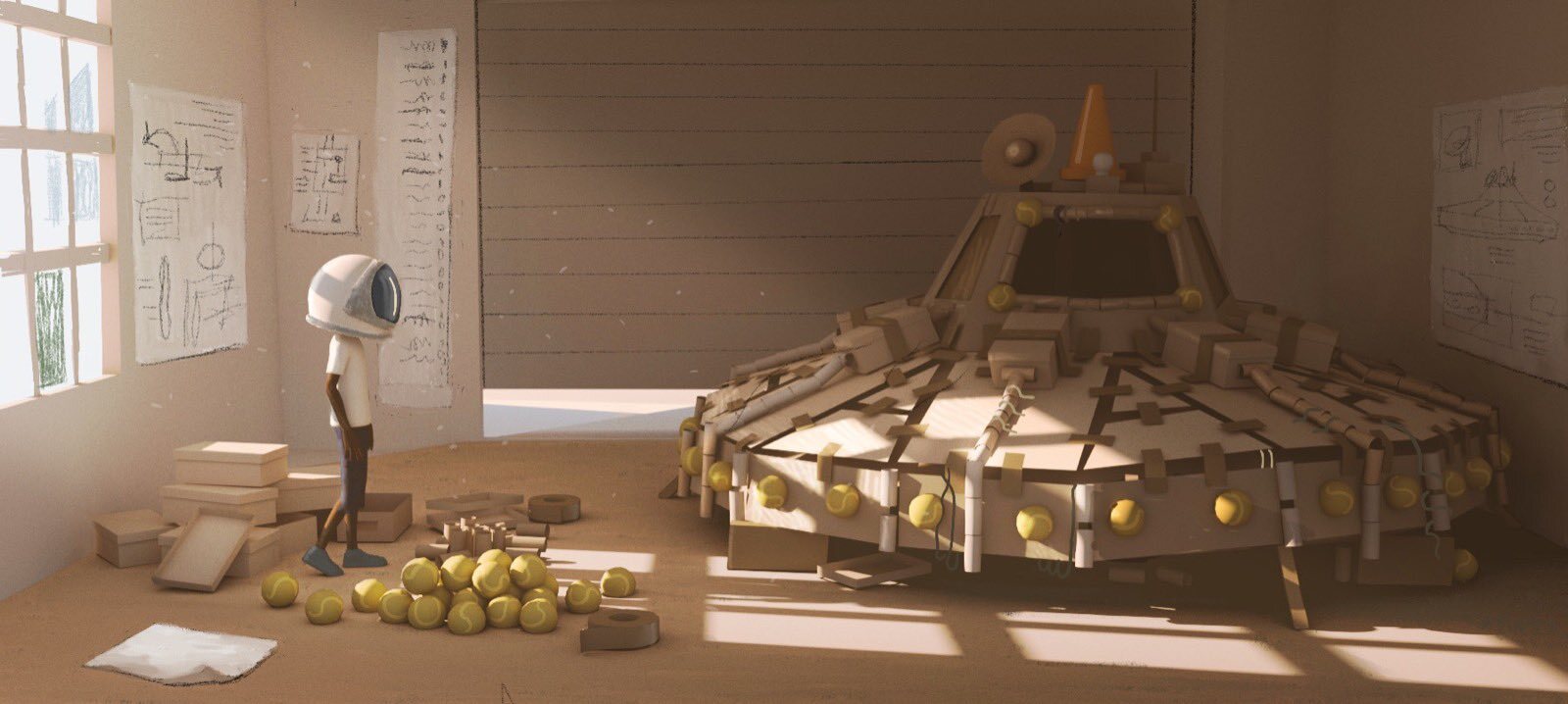 Aku concept art — the character in a sunlit workshop beside a hand-built model of Ibra