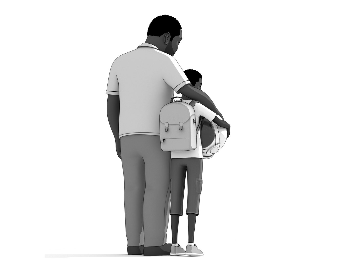 Interior illustration — Aku&rsquo;s father with an arm around him, both seen from behind, Aku carrying his helmet