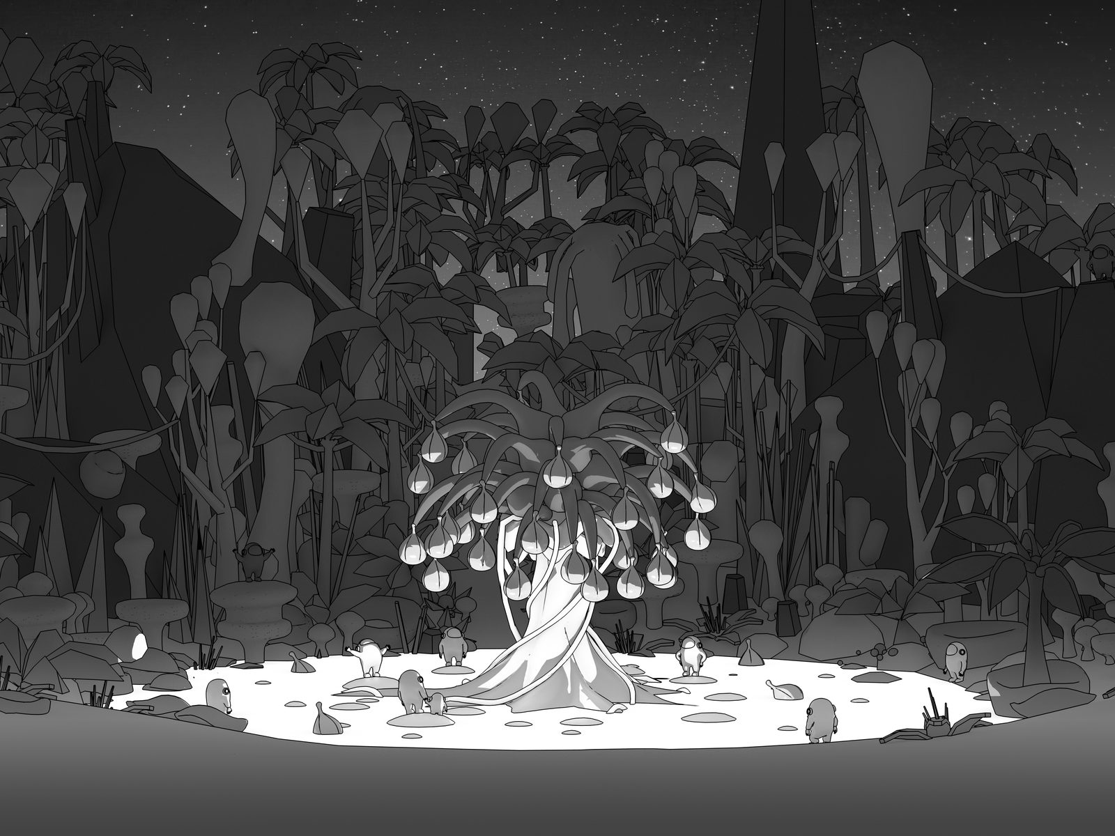 Interior illustration — the Lunaberry tree glowing in a jungle clearing at night, small creatures gathered beneath it