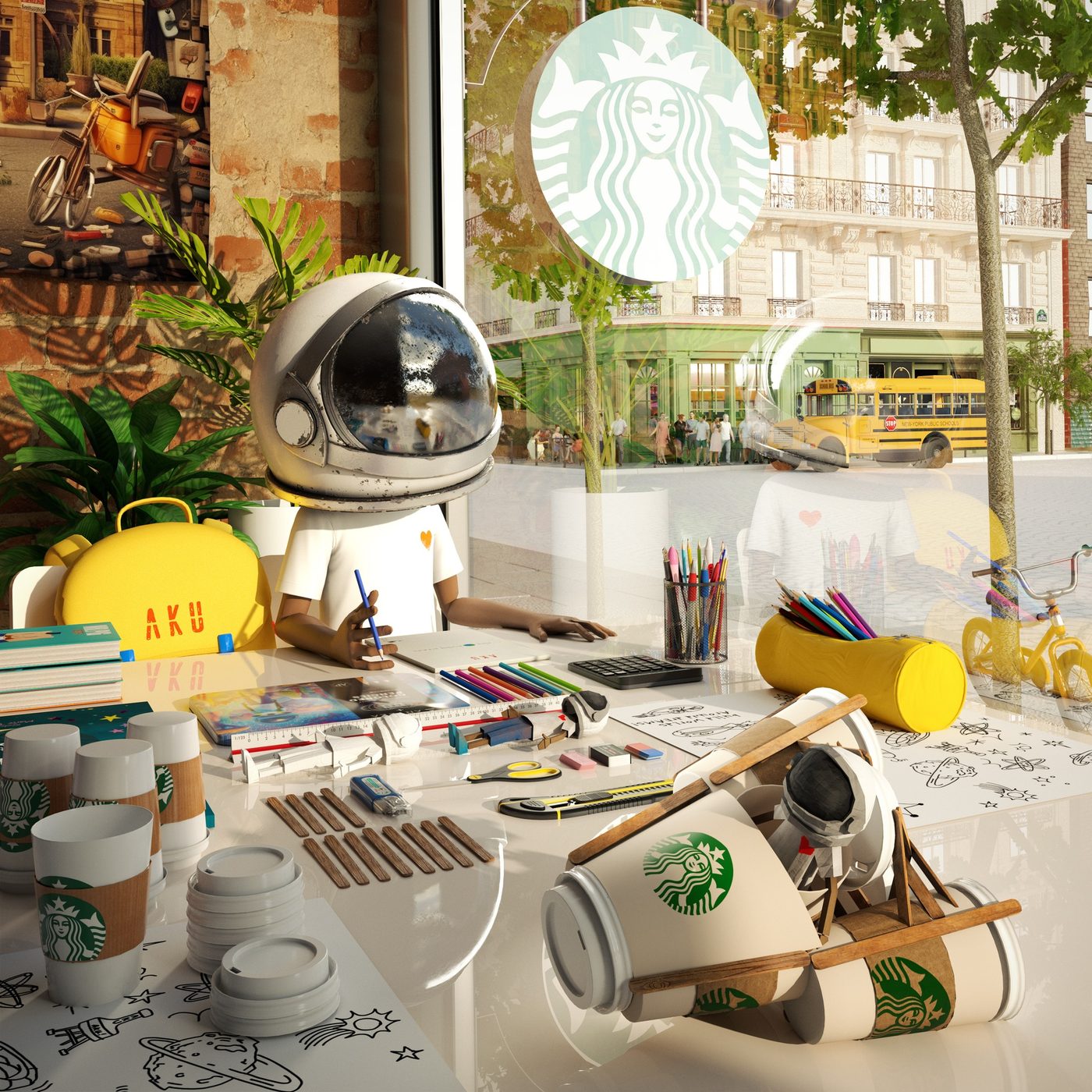 Starbucks × Aku — Aku drawing at a café window table covered in cups, pencils and a cardboard rocket, the Starbucks logo on the glass behind him